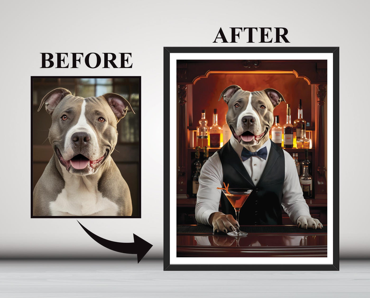 Personalized Pet Portrait Painting, Bartender Dog Artwork from Photo, Custom Gift for Dog Dad