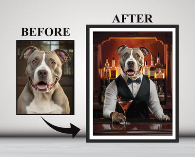 Personalized Pet Portrait Painting, Bartender Dog Artwork from Photo, Custom Gift for Dog Dad
