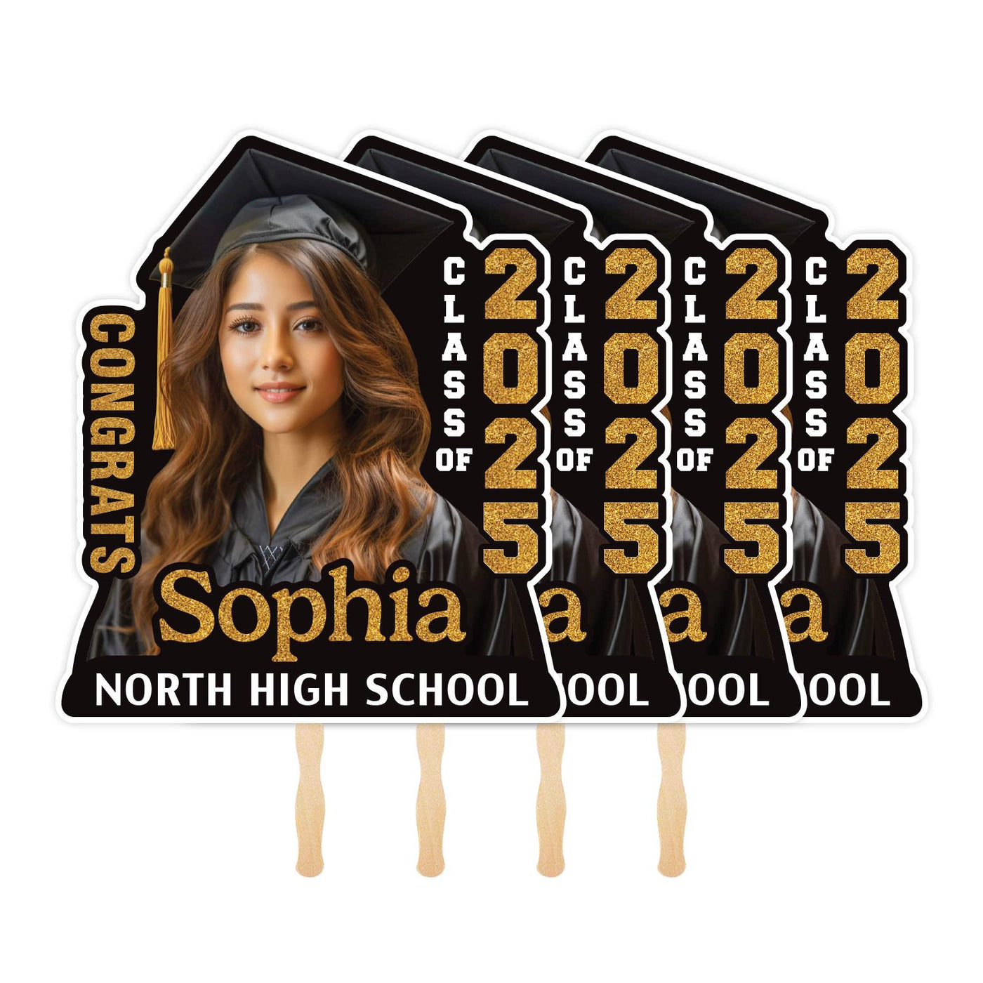 Custom Face Fans With Wooden Handle, Graduation Head, Grad Face Fans