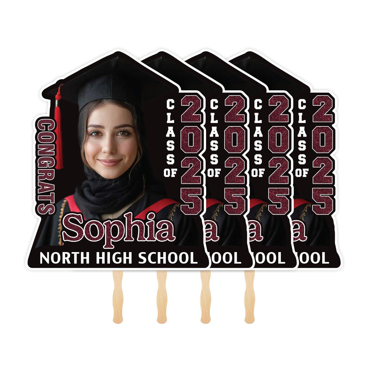 Custom Face Fans With Wooden Handle, Graduation Head, Grad Face Fans