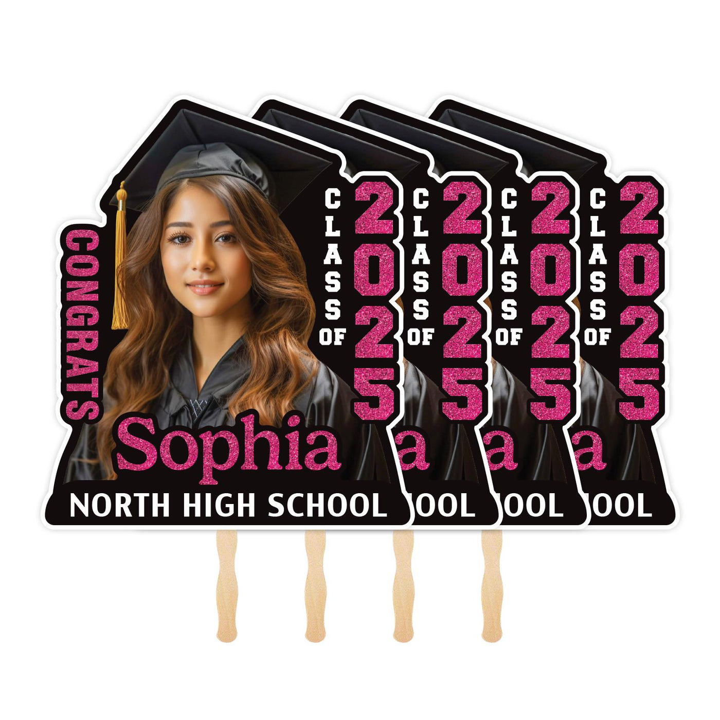 Custom Face Fans With Wooden Handle, Graduation Head, Grad Face Fans