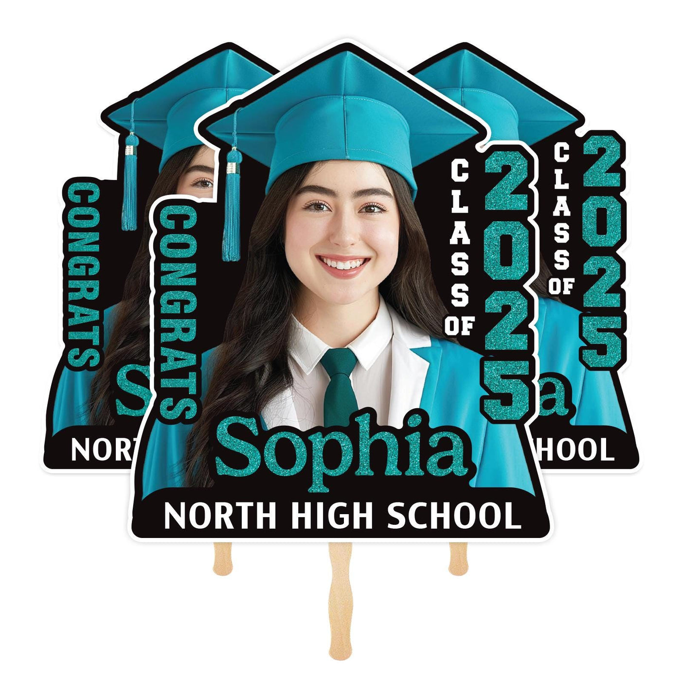 Custom Face Fans With Wooden Handle, Graduation Head, Grad Face Fans