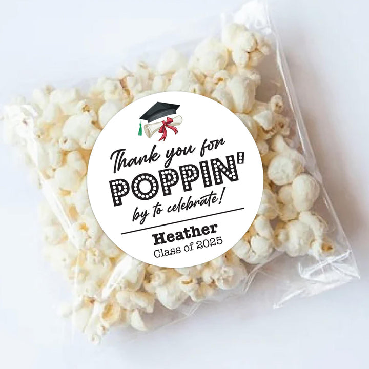 Thank You for Popping By Vinyl Labels, Graduation 2025 Favor Stickers, Custom Graduation Labels, Personalized Party Decor for Popcorn Bags