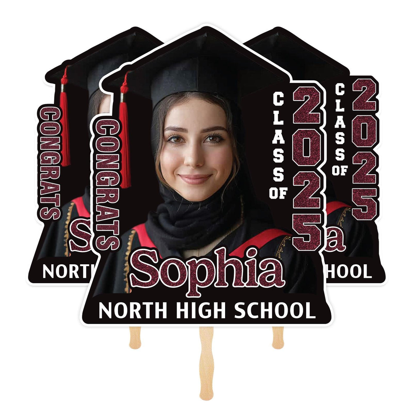 Custom Face Fans With Wooden Handle, Graduation Head, Grad Face Fans
