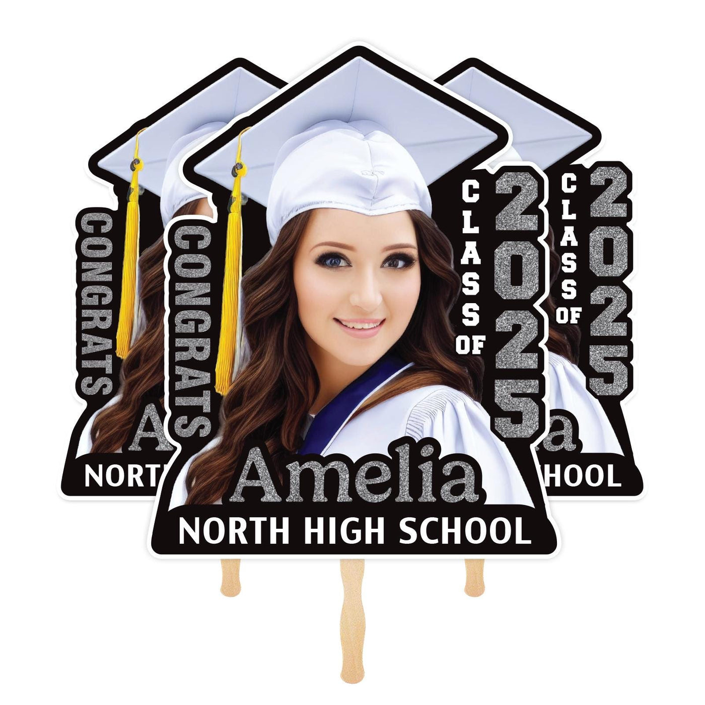 Custom Face Fans With Wooden Handle, Graduation Head, Grad Face Fans