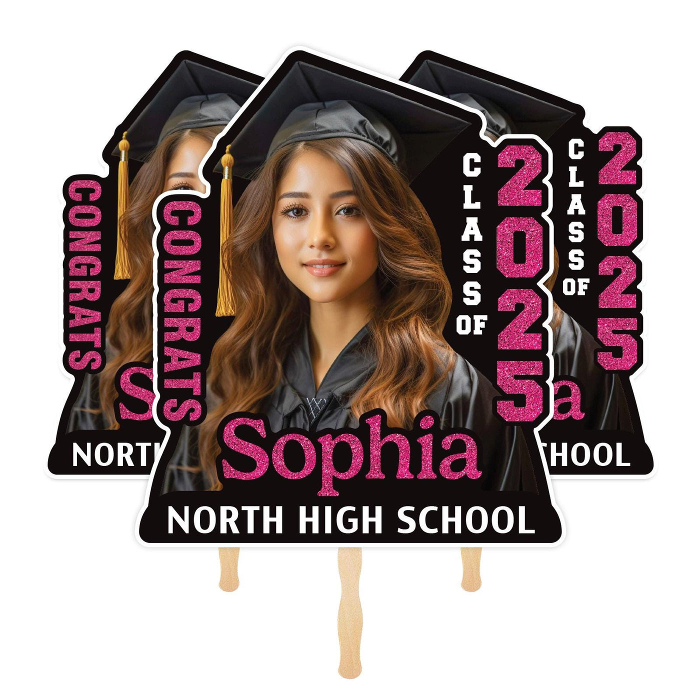 Custom Face Fans With Wooden Handle, Graduation Head, Grad Face Fans