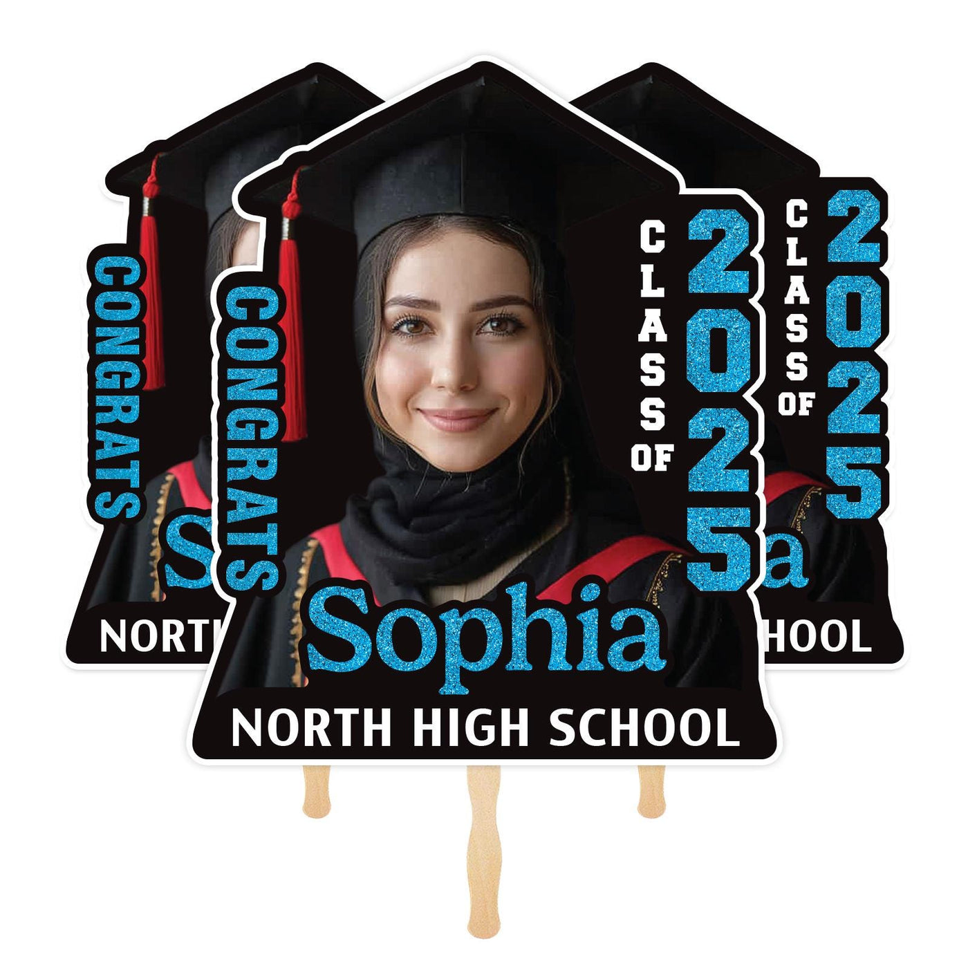 Custom Face Fans With Wooden Handle, Graduation Head, Grad Face Fans