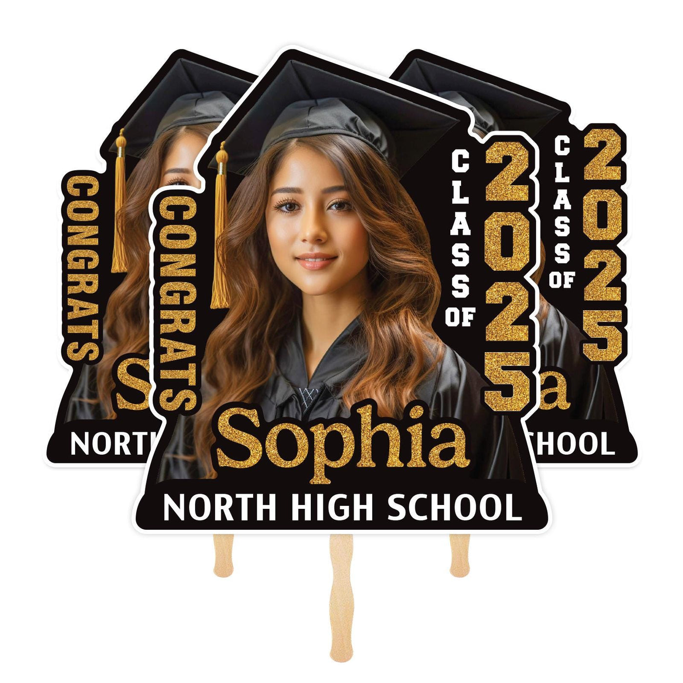 Custom Face Fans With Wooden Handle, Graduation Head, Grad Face Fans
