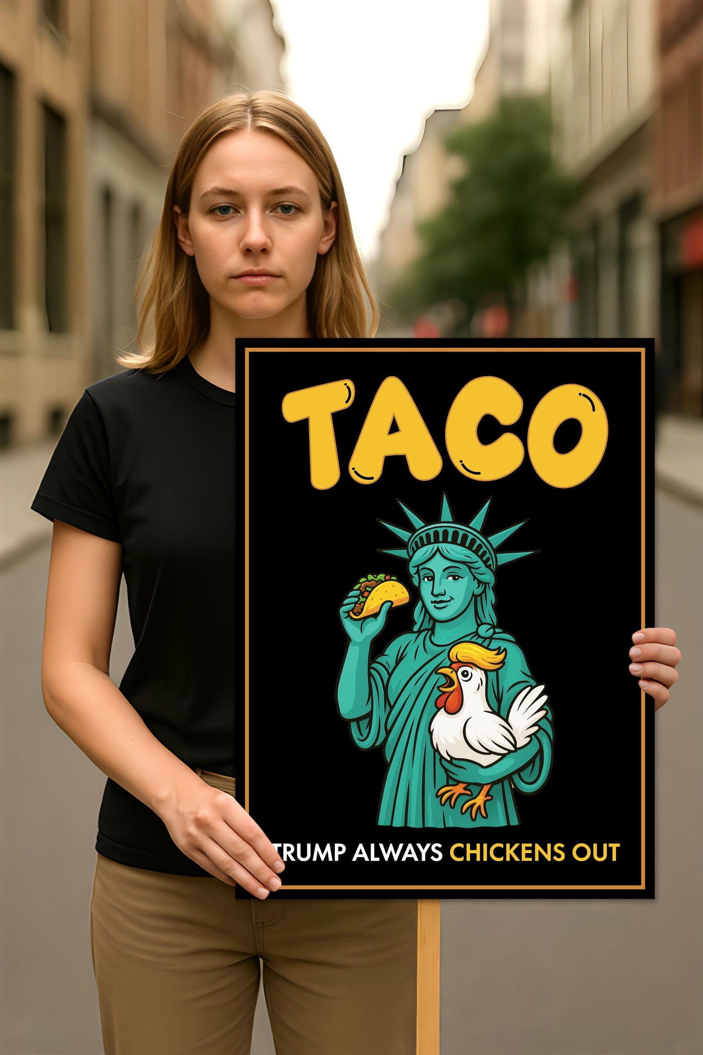 Statue of Liberty, Taco Trump Always Chickens Out Protest Sign, Anti-Trump Rally Sign