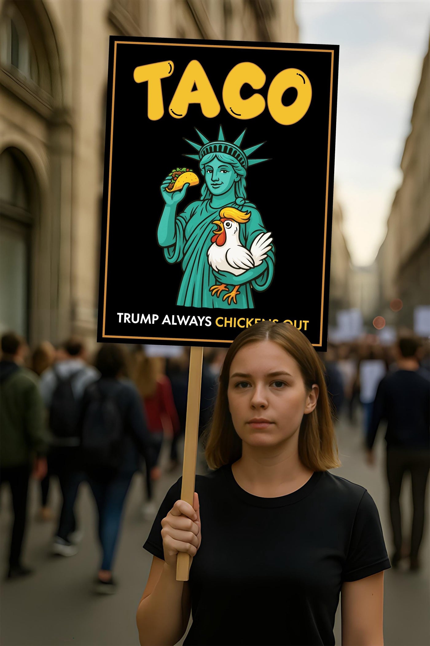 Statue of Liberty, Taco Trump Always Chickens Out Protest Sign, Anti-Trump Rally Sign