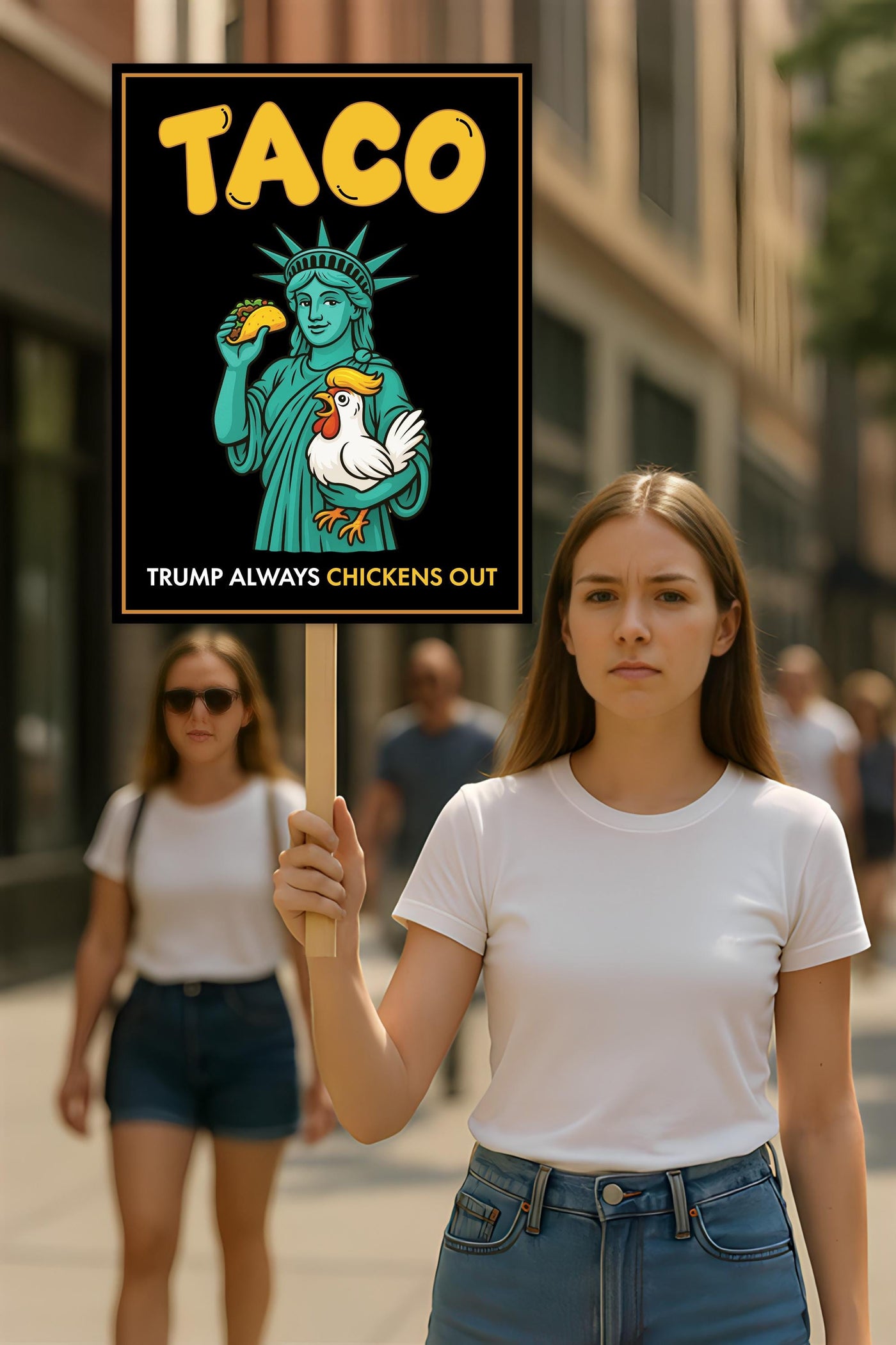 Statue of Liberty, Taco Trump Always Chickens Out Protest Sign, Anti-Trump Rally Sign